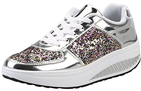 Sunnyuk Sneaker Damen mit Pailletten Keilabsatz Glitzer Sportschuhe Glänzende Dicker Turnschuhe Schuhe Schnürsenkel Walkingschuhe