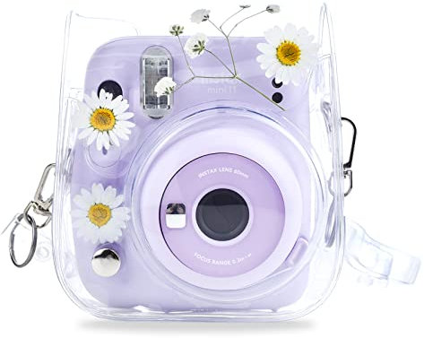 HIYQIN Clear Case Compatible with Fujifilm Instax Mini 12/11/9/8/8+/40, Clear PVC Camera Bag for Polaroid Camera Instax Mini 11 - White Flowers