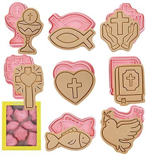 Abbto Kreuz-Ausstecher-Set - 8 Stücke Kommunion Taufe Konfirmation Ostern Keksform | Christliche 3D-Cartoon-Keksformen mit Friedenstaube, Liebesfisch, Kelchform für die Kommunion