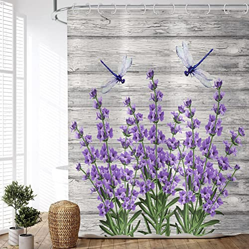 ASDCXZ Tenda da doccia con fiori vintage 180 x 200 cm retrò con venature del legno lilla lavanda libellula impermeabile in tessuto lavabile tenda da doccia per vasca da bagno con 6 ganci