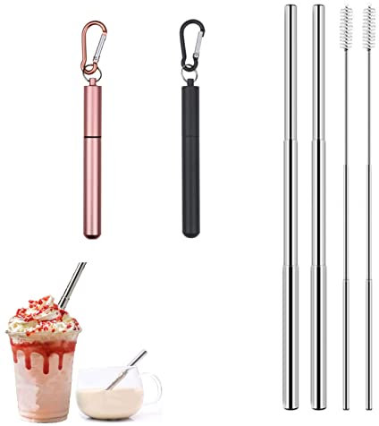 2 Pack Stainless Steel Telescopic Straw Collapsible Straw Reusable Portable Drinking Straws with Aluminum Key-Ring Case Cleaning Brush for Travel Home Work