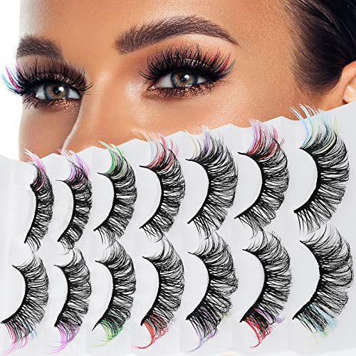 cobee Farbige Falsche Wimpern, 7 Paar Regenbogen Flauschige Wimpern Wispy Nerz Wimpern Gefälschte Wimpern Natürlicher Look Katzenaugen Wimpern für Cosplay Party Festival