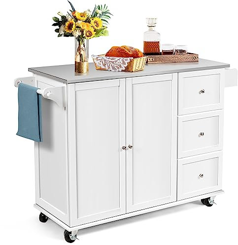 COSTWAY Desserte de Cuisine sur roulettes, Îlot Central Cuisine Plateau en Acier Inoxydable, avec 3 Tiroirs, Armoire à 2 Portes, Etagères Réglables, Porte-Serviettes et Support à Épices, Blanc