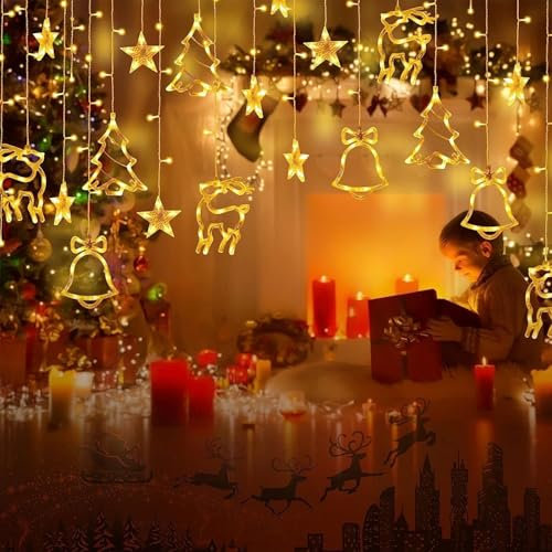 ELEUTH Tenda Luminosa Natale con 12 Stelle LED,138LED Luci di Natale da Esterno Interno IP44 Luci di Natale Catena Luminosa con 8 Modalità per La Casa,Balcone,Finestra,Giardino Decorazioni Natalizie