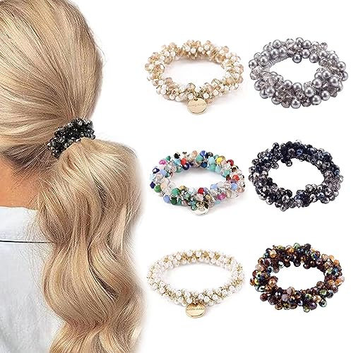 Haargummi Damen, MUYAPAY 6 Stücke Haarschmuck Scrunchies Kristall Damen, Pferdeschwanz haar accessoire, Haargummis mit Perlen, Elastischer Haargummi für Frauen und damen, Scrunchies Perlen Strass