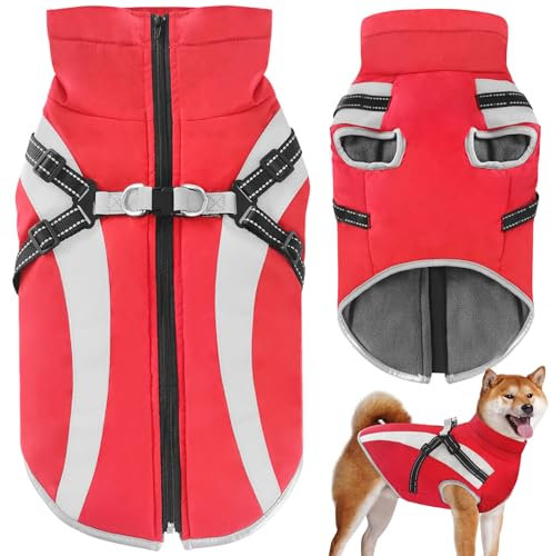 Oslueidy Wasserdichter Hundemäntelmit Geschirr Winter Warme Hundejacke Winddichte Haustier Kleidung Schneeanzug Hundejacken für Kleine Mittlere Große Hunde