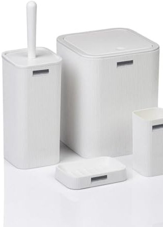 Badezimmer Zubehör Badezimmer Zubehör Set Luxus Modern Bad Set Zahnbürstenhalter Becher Qtip Halter Toilettenbürste Set Seifenschale Mülleimer Seifenspender (5er Set, Weiß)