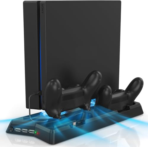 KEKUCULL Controller-Ladestation für PS4/PS4 Slim/PS4 Pro, vertikaler Ständer mit Dual-Controller-Ladestation, Dual-Lüfter und 3 USB-Anschlüssen (nur für PS4 + PS4 Slim)