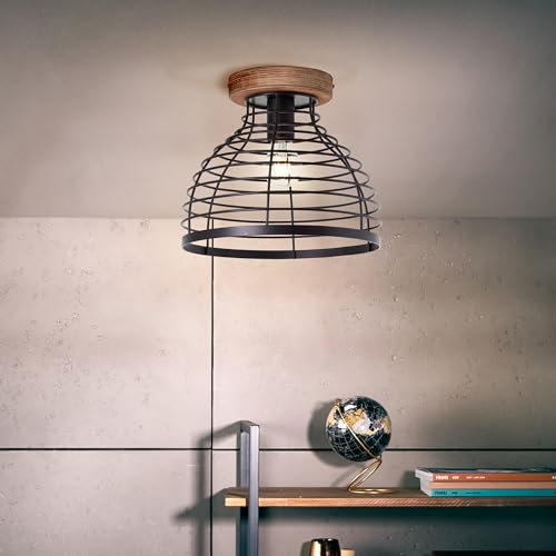 Lightbox industrielle Deckenlampe - 25 cm Höhe - Ø 30 cm - Deckenleuche mit Gitter Schirm - E27, max. 52 W - aus Metall/Holz - in Schwarz/Holz