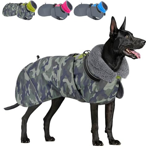 Eyein Hundemantel Winter für Mittlere Hunde, Wasserdicht Hundejacke mit warmem Fleecefutter und Halsband, Winddichter Wintermantel Hund mit Bauchschutz und Verstellbarem Brustriemen,Grün, L