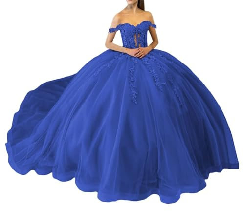 WSEYU Vestidos de quinceañera con lentejuelas brillantes, vestidos de encaje con hombros descubiertos, vestidos de concurso con tren, vestido de baile de tul hinchado de princesa, azul real, 38