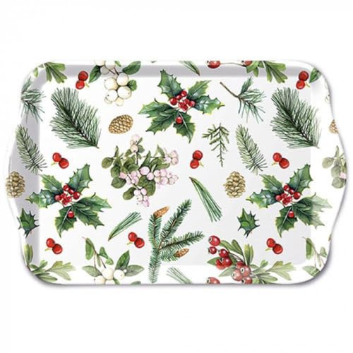 Ambiente Tablett Serviertablett Dekotablett Tray 13x21 cm Melamin Ilex Zweige und Beeren klassisches Weihnachtsmotiv für Advent Nikolaus und Weihnachten