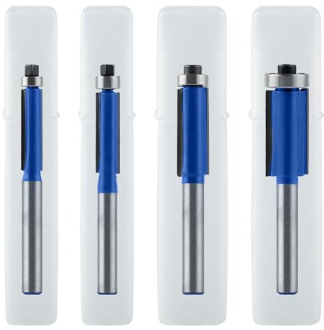 GOLD DEER 4PCS 1/4 Inch Shank Top Bearing Flush Trim Router Bit Flush Trim Router Bit Set with Storage Box Top End Bearing Flush Trim Router Bits Set Woodworking Milling Cutter Tools
