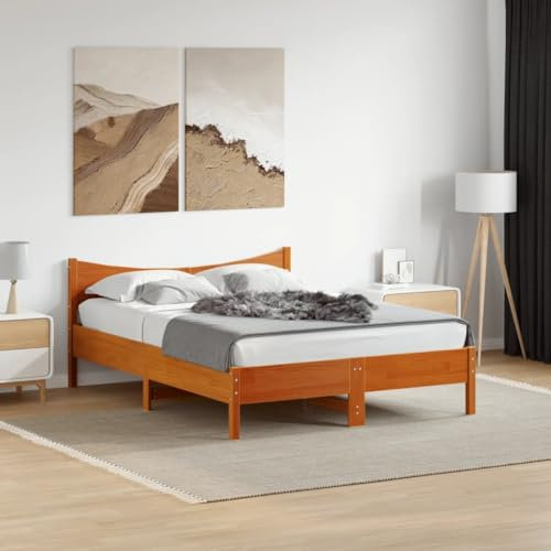 vidaXL Massivholzbett, Bett Doppelbett für Schlafzimmer, Bettrahmen mit Lattenrost Kopfteil, Schlafzimmermöbel Holzbett, 140x200 cm Wachsbraun Kiefer