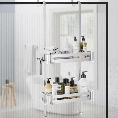 AIGOCITY Mensola doccia da appendere senza forare per porte in vetro, argento, con 6 ganci per porta in vetro senza cornice, in acciaio inox