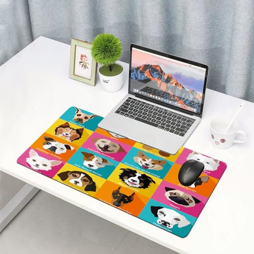 EYLOZS Alfombrilla de ratón extendida con Bordes cosidos,Conjunto de Iconos Planos de Razas Populares de Perros.,Base de Goma Antideslizante y Almohadilla para Teclado,30x80 cm