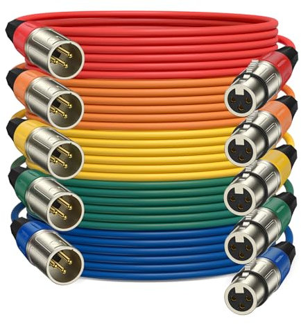 J&D XLR Microphone Cable, Balanced XLR Male to Female Colored Mic Cables, for Mixer, Amplifiers, Recording, Gold Plated, 5 Packs, 1.8 Meter/6 Feet