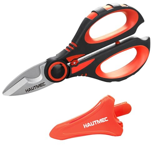 HAUTMEC Heavy-Duty Electrician Scissors Professional Electrician Shears with Serrated Stainless Steel Blade, Wire Stripping, Cable Crimping, Ergonomic Fibreglass Handle & Safety Sheath – HT0416