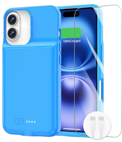 Juice Box Battery Case for iPhone 16 Plus, 8500mAh Ultra-Slim Lightweight 15W Fast Charging Rechargeable Anti-Fall TPU Case (6.7) Blue