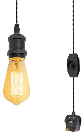 FSLiving 4.5 Meters of Black Twisted Fabric Cable Plug In Pendant Lighting Kit Pendant Light Fitting with Dimmer Switch and E27 Black Lamp Holder