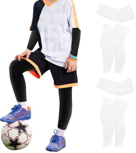 Valcatch 4 Pair Boy Girl Basketball Shooting Sleeve UV Sun Protection Cooling Arm Sleeves and Leg Compression Sleeve for Football Volleyball Outdoor Sport Breathable Sleeve Cover Up for Kids Teens