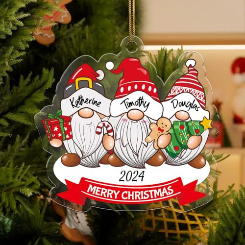 DPDP Personalized Family Christmas Ornament 2024 - Custom Gnome Family of 3, Customized Name Acrylic Xmas Tree Decorations