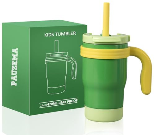Pauzema 14oz Kinder Thermobecher mit Strohhalm, 420ml Trinkbecher mit 3 in 1 Deckel und Strohhalm für Kinder, 100% Auslaufsicher, Kids Tumbler - Grün