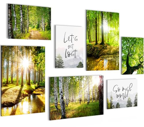 Novart Bilder Wald Landschaft - KOMPLETT AUFHÄNGFERTIG - Grün Wohnzimmer Schlafzimmer Flur - 7 Moderne Mood-Bilder - N036672a