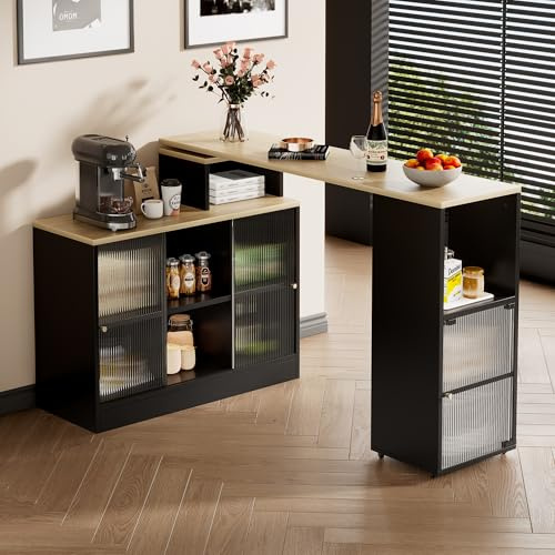 Merax Ausziehbarer Bartisch, Drehbar Bistrotisch mit Großer Stauraum, für Hausbar, Kücheninsel, Esszimmer, 155×100×90cm, Schwaz
