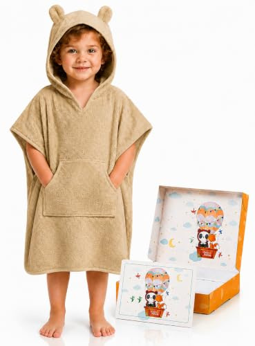 FUCHSUNDPANDA Fuchs&Panda® Badeponcho Kinder EXTRA warm, weich & kuschelig (100% Bambus) | Badeponcho Baby | Handtuch Poncho Kinder mit toller Geschenkverpackung (Mojave-beige)
