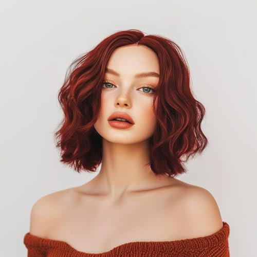 Simkaylee Perücke Damen Bob Kurz Rot Locken Rote Kurzhaar Perücke Lockig Lace Front Perrücke Weinrot Perücken Frauen Dunkelrot Burgund Perücke Fasching für Täglichen Gebrauch Karneval Cosplay (36 cm)