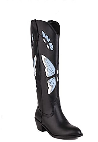 Stivali Moda da donnaStivali Alti da Donna Stivali da Cowboy Western con Bocca a V Stivali da Cavaliere Ricamo Tubo Alto Punta Tonda Tacco Spesso