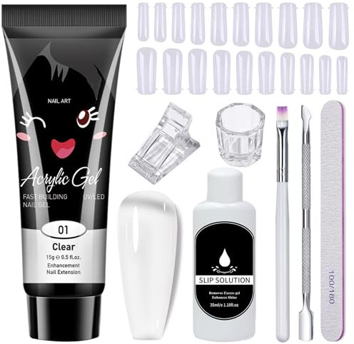 Poly Gel Nail Kit - Clear Builder Nail Gel Set - 15ml Nail Extension Set - Transparent Gel Extension Nail Kit with Slip Solution All In One Builder Gel for Nails Starter Kit DIY Manicure