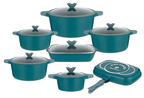 Lorren Home Trends Kochgeschirr-Set aus Aluminiumdruckguss, 14-teilig, antihaftbeschichtet, induktionsgeeignet, Grün
