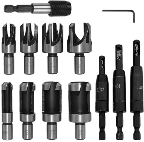Brocas Autocentrantes de 1/8 Pulg, 3/32 Pulg, 7/64 Pulg, Juego de Brocas Articulado con Eslabón + Sacacorchos + Llave, Mango Hexagonal de 1/4 para Centrar los Orificios de Perforación (Negro)