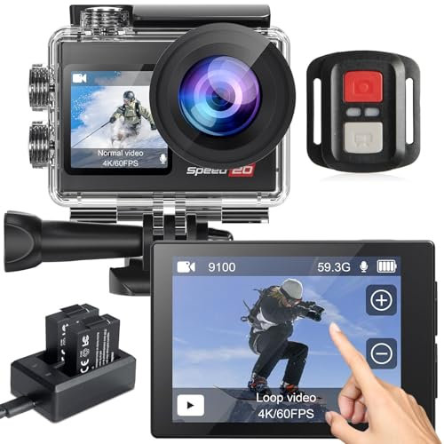 Hiicam Action Kamera 5K30FPS, wasserdichte Kamera Unterwasser 131FT mit EIS, WiFi App, Fernbedienung, 64GB Karte, 2x1350mAh Batterien, 170° Weitwinkel, Sport Helm Fahrrad Videokamera (SPEED-10V4)
