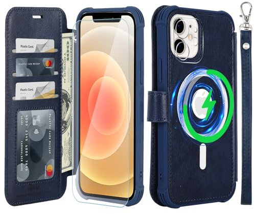 VANAVAGY Wallet Case Compatible for iPhone 12/12 Pro for Magsafe Wireless Charging,Leather Flip Wrist [Glass Screen Protectors]with RFID Blocking Card Holder,Navy blue