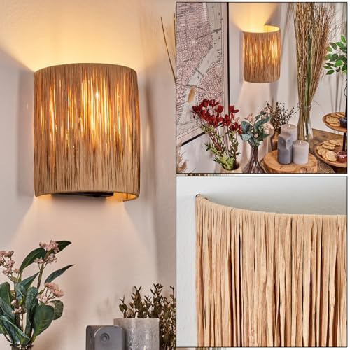 HOFSTEIN Wandleuchte Labrujo, Wandlampe aus Metall/Bast in Schwarz/Braun/Natur, Leuchte im Boho-Design mit Lichteffekt und Schalter am Kabel, E27, Wohnzimmer, Schlafzimmer, Küche, Flur, Treppenhaus