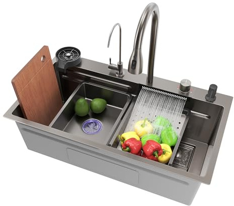 SIRHONA Évier de Cuisine Cascade en Noir, Evier multifonction de Cuisine en Acier Inoxydable avec Robinet Extensible, Rinceuse Tasses, Panier Filtrant et Planche à Découper (80x45 cm)