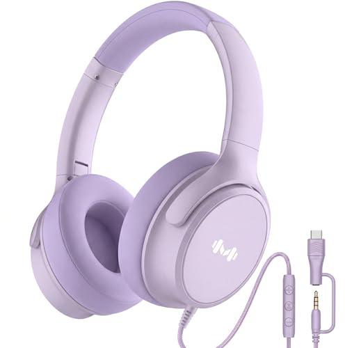 MartiAudio Wired Over-Ear Headphones with Microphone, USB-C Headphones with 3.5mm Adapter, Noise-Isolating Ear Cups, in-Line Controls for Work, Study, Music, and Travel(Purple)