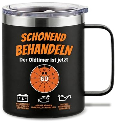 PIujsym geschenk zum 60 geburtstag mann, geschenke 60 geburtstag mann, 350 ml Thermobecher Edelstahl mit Deckel, Oldtimer Motiv, Geschenk fuer Vater Ehemann Kollege