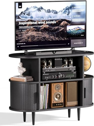 35.4 Fluted Small TV Stand, Mid Century Modern TV Stands for Bedroom, TV Entertainment Center with Storage for TVs, Media Console Cabinet with Sliding Doors for Bedroom, Living Room, (Black)