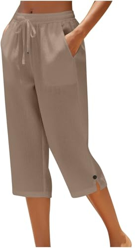 Bermudasmujer Verano Pantalones Cortos Lino 3/4 Mujer Pantalones Talla Grande Cintura Alta Elástiica Pantalón de Pierna Rectos Cómodo Transpirable Pantalón Corto Mujer Verano