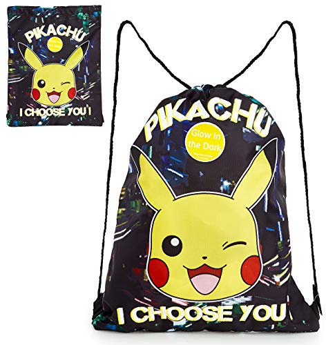 Pokemon Turnbeutel Kinder, Schwarz Beutel Rucksack mit Pikachu, Leuchtet im Dunkeln Rucksack Beutel, Gym, Festival und Schwimmen Turnsack mit Kordelzug, Schuhbeutel Sport Gross