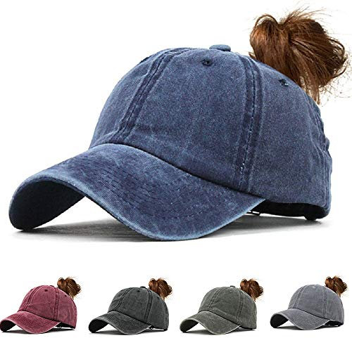 CheChury Damen Baseball Kappe Vintage Pferdeschwanz Cap Washed Ponytail Baseballmütze Mit Zöpfen Loch Loop Einstellbare Outdoor Sports Freizeit Basecap Unisex