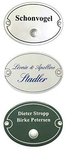 Emaille-Klingel-Namensschild-Klingelschild-Form Türschild-110 x 85 mm-Türklingel-Klingel-mit Wunschtext (110 x 85 mm mit 1 Zeile + mit 1 Klingel)