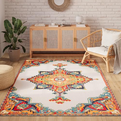 TAPISO Patio Teppich Outdoor Indoor Mehrfarbig Creme Ornament Muster Sisaloptik Strapazierfähig Wetterfest Wohnzimmer Terrasse ÖKO-TEX 80 x 150 cm