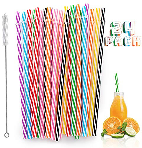 Reusable Plastic Straws, 24 pcs Non Disposable Candy-Striped Drinking Straws with Cleaning Brush, Reusable Hard Plastic Straws for Family Bars Cafes Restaurants BBQ Parties Celebrations