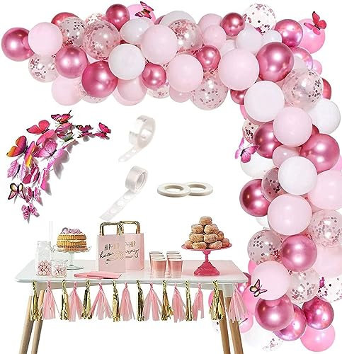 Kit Arco Palloncini Rosa, 117 Pezzi Ghirlanda Palloncini Decorazioni Compleanno con Farfalla Palloncini Bianchi e Metallici e Rosa Arco per Palloncini per Festa Ragazze Donne, Nozze, Battesimo