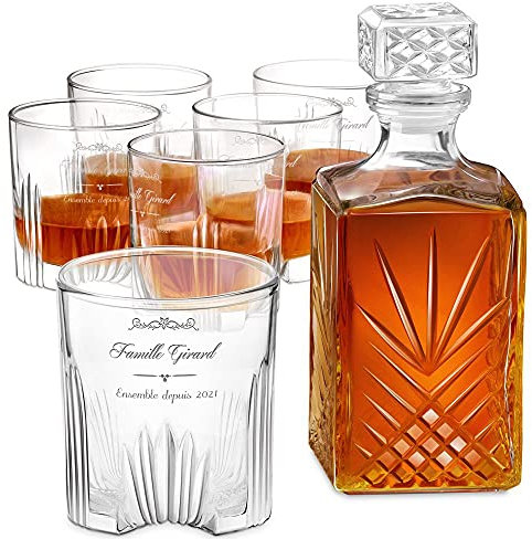 Maverton Carafe whisky et 6 verres gravés - Ensemble en cristal - Cadeau d’anniversaire pour parents - Whisky set avec personnalisation pour couple - Famille